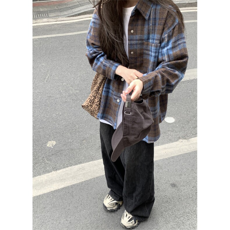 复古格子衬衫男女慵懒风宽松休闲百搭街头衬衣外套C3008,男装衬衫,星座601-1