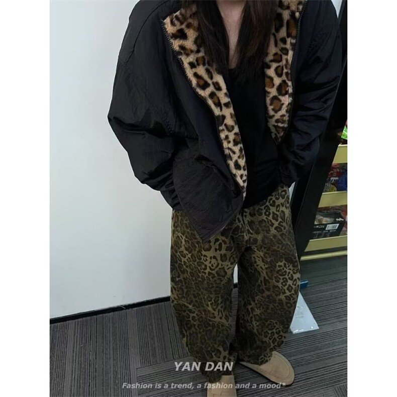 美式复古情侣装豹纹棉服双面穿外套保暖潮牌欧美街头秋冬新款棉衣,男装棉衣,四季星座505