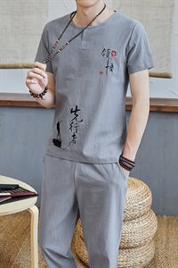 夏季风男装佛系亚麻短袖t恤潮流2021新款棉麻套装男TZ023图片