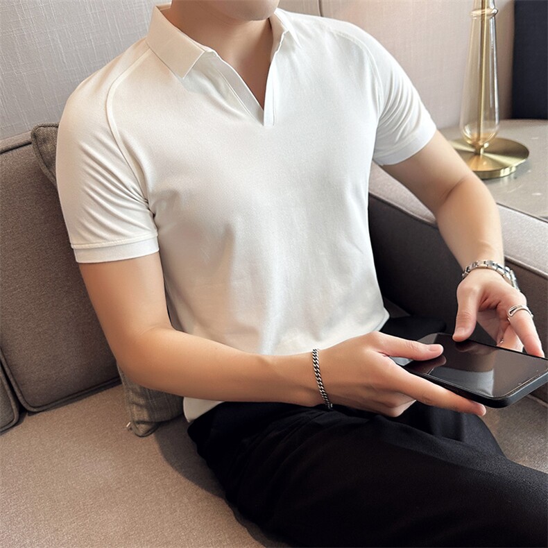 主推常年款V领简约夏轻奢插肩袖翻领Polo衫多色大码T恤T0266-P50,男装T恤,电商D342