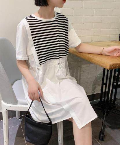 拼条纹休闲连衣裙，女装连衣裙，赫她娜