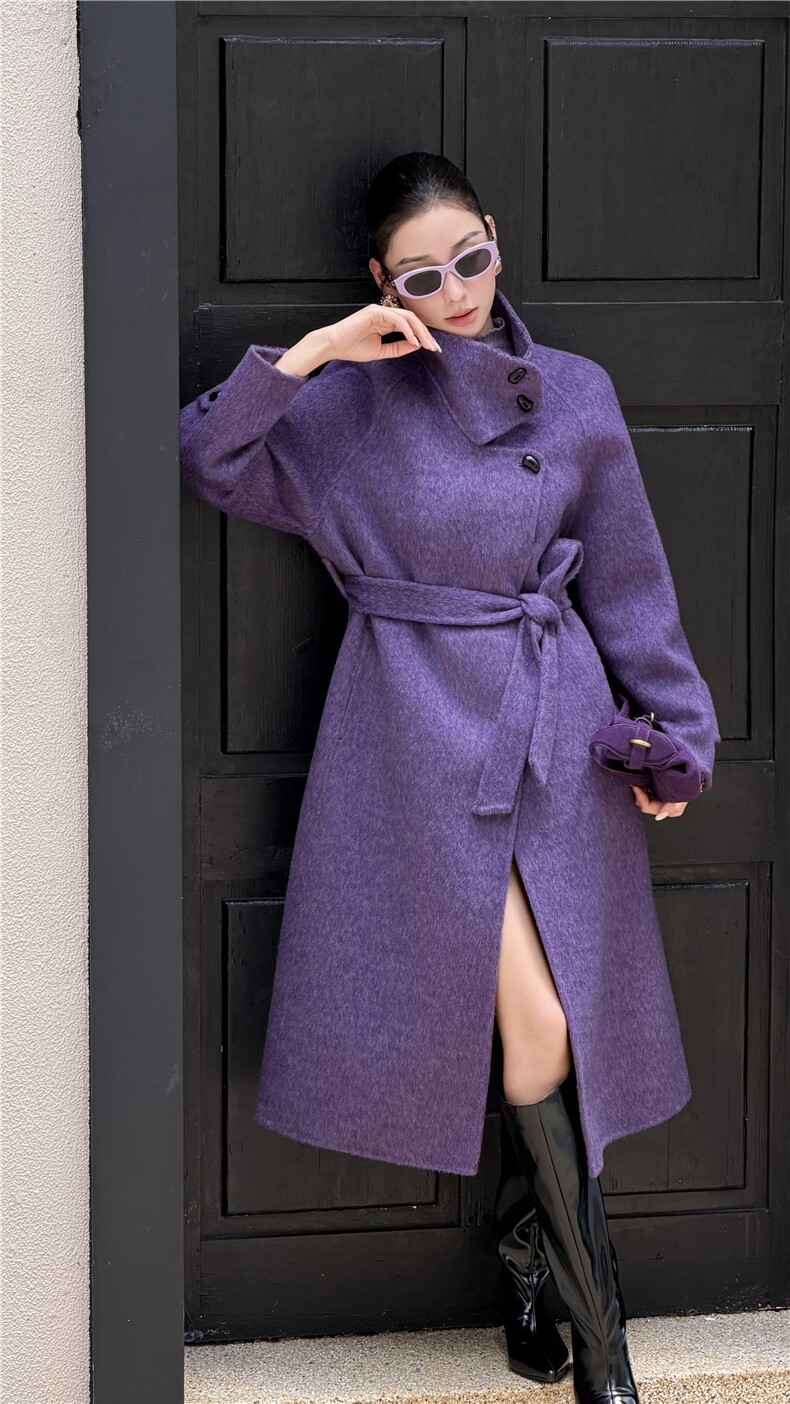 立领收腰高端双面羊毛大衣女2026年新款秋冬季双面100%羊毛大衣,女装双面呢大衣,天品羊绒工厂