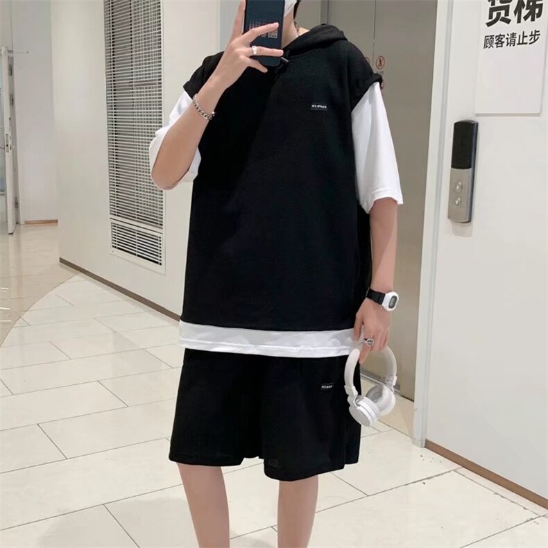 华夫格短袖夏季套装男士假两件青少年帅气连帽运动休闲薄款一套,男装休闲套装,星座410-7