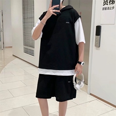 华夫格短袖夏季套装男士假两件青少年帅气连帽运动休闲薄款一套，男装休闲套装，星座410-7
