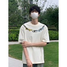 万针全刺绣解构设计260克重磅双纱纯棉高品质美式高街短袖T恤特33，男装T恤，电商A486-1