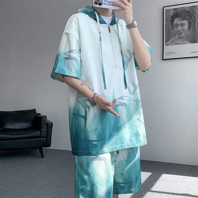 TZ770-特批50控98速干简约渐变色扎染冰丝T恤男装休闲短袖套装,男装T恤,电商A059