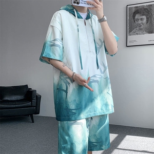 TZ770-特批50 控98 速干简约渐变色扎染冰丝T恤男装休闲短袖套装图片