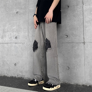 美式vibe裤子高街灰色破洞牛仔裤男设计拉链开叉微喇裤Q6070-P48图片