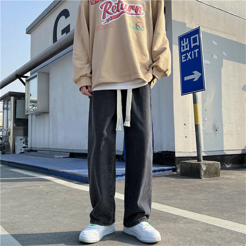 编织绳水洗做旧纯色直筒牛仔裤男宽松基础老爹裤YD02-P45图片