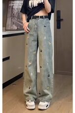 趣味减龄满印小狗直筒牛仔裤男女春秋潮百搭牛仔裤网图NK9138-p48，男装牛仔裤，星座302B