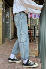 2021夏季港风街拍做旧新休闲大口袋九分裤牛仔裤男N8019-P50，男装牛仔裤，电商A001