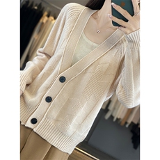 100%纯羊毛开衫女V领中长款带兜长袖毛衣宽松慵懒羊绒衫上衣打底，女装羊毛衫，聚奥羊绒