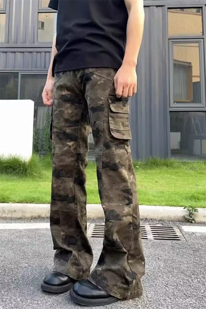 美式高阶男春秋高街直筒长裤弯刀ins迷彩微喇叭裤KZ18N7019-TP55,男装牛仔裤,电商A247C