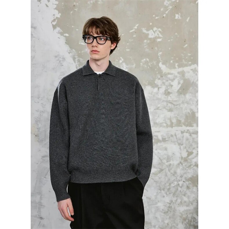 重磅秋冬北极绒亨利领毛衣开衫美式复古休闲慵懒风纯色翻领针织衫图片