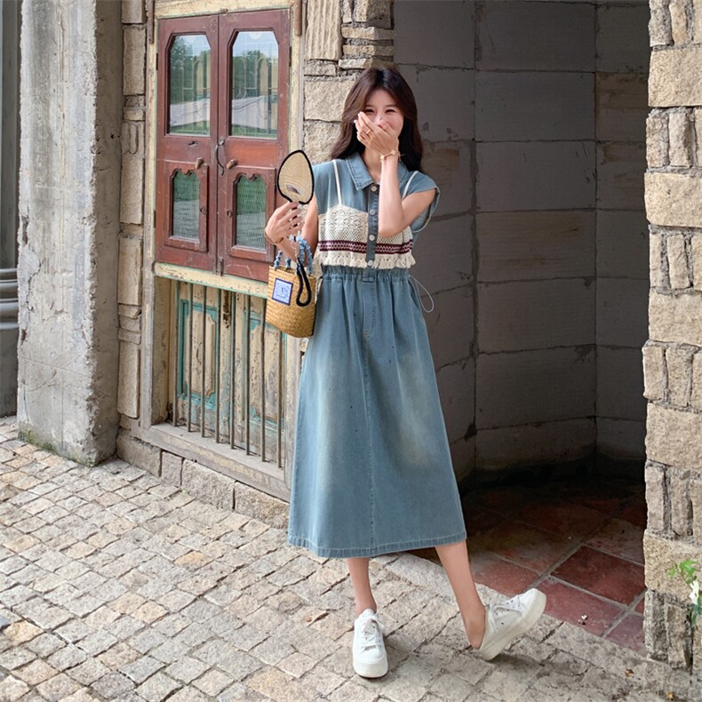 法式蓝色针织拼接牛仔连衣裙女夏2025新款收腰显瘦绝美气质长裙子,女装套装/套裙,2C279