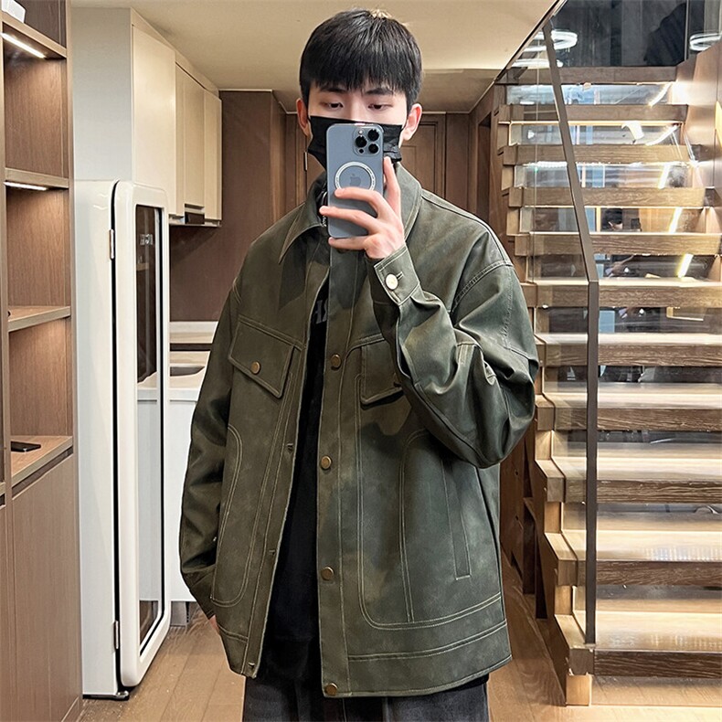 男士皮夹克薄款春季机车皮衣翻领潮外套按扣宽松A266-PY009-P100，男装皮衣，电商A266