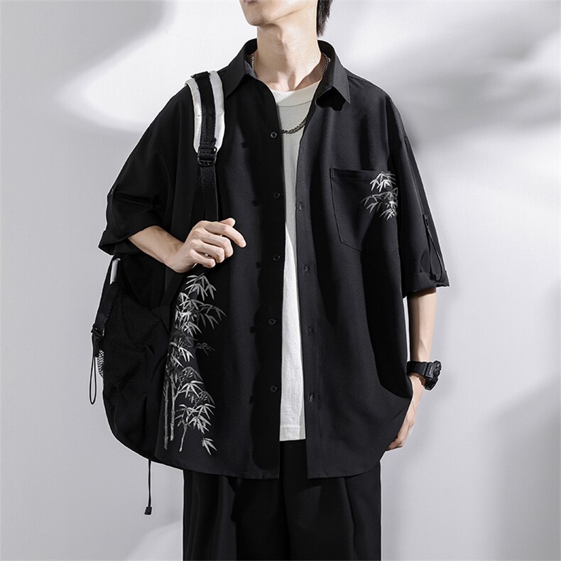 XT4168-TP4058冰丝衬衫夏季中式水墨竹印花青少年垂感衬衣,男装衬衫,电商A102