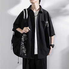 XT4168-TP4058冰丝衬衫夏季中式水墨竹印花青少年垂感衬衣，男装衬衫，电商A102