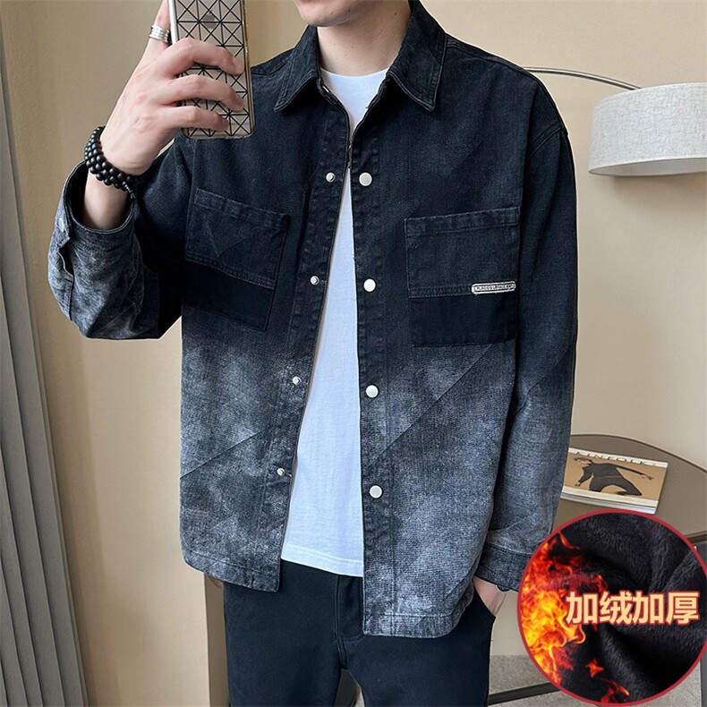 加绒加厚渐变牛仔衬衫式外套牛仔夹克男薄款P110加厚款P125,男装夹克,电商B321-1