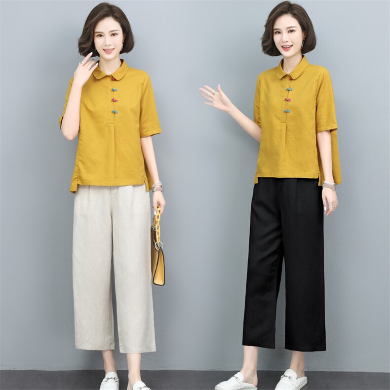 妈妈夏装2024新款太洋气时尚短袖棉麻套装中年女夫人一整套装,女装套装/套裙,璐依舞