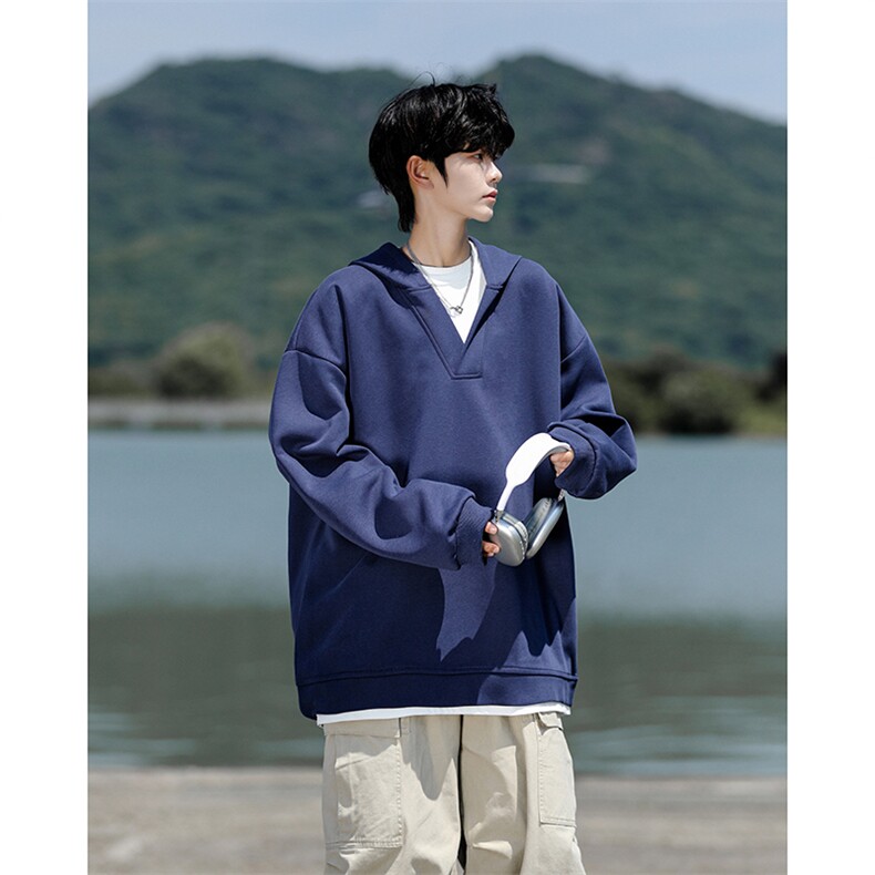 8XL-M叠穿假两件卫衣重磅连帽V领拼接套头衫宽松大码外套WY006P65,男装卫衣,电商B312