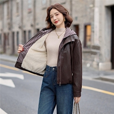加绒皮衣外套女连帽格子拼接上衣2025冬季新款加厚毛皮夹克机车服，女装皮衣，潮流依族