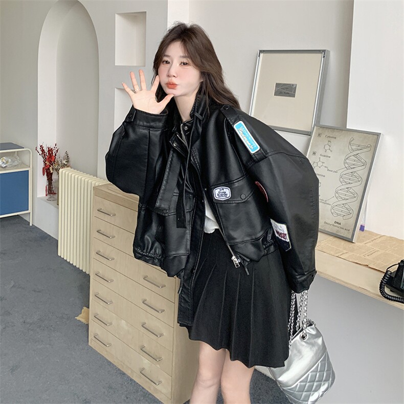 独特超好看黑色立领短款皮衣外套女春秋2025新款又a又飒PU皮夹克,女装皮衣,2C201