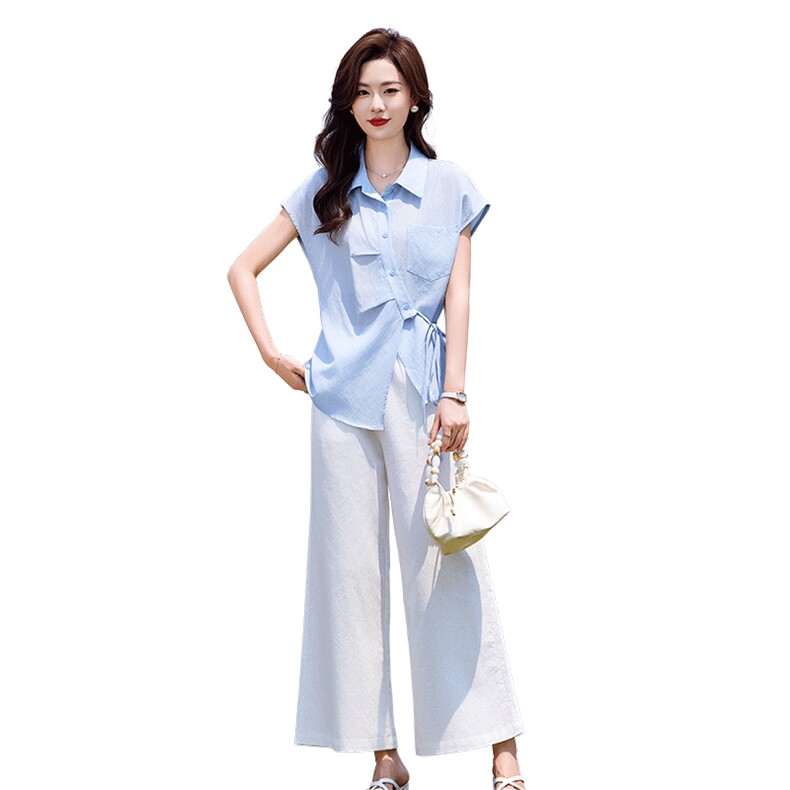 时尚休闲套装女夏季薄款2025新款高级感减龄短袖衬衫阔腿裤两件套,女装套装/套裙,靓衣阁