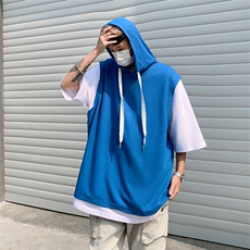 夏男假两件T恤连帽背心华夫格休闲T恤衫T256P30，男装T恤，星座1013-1