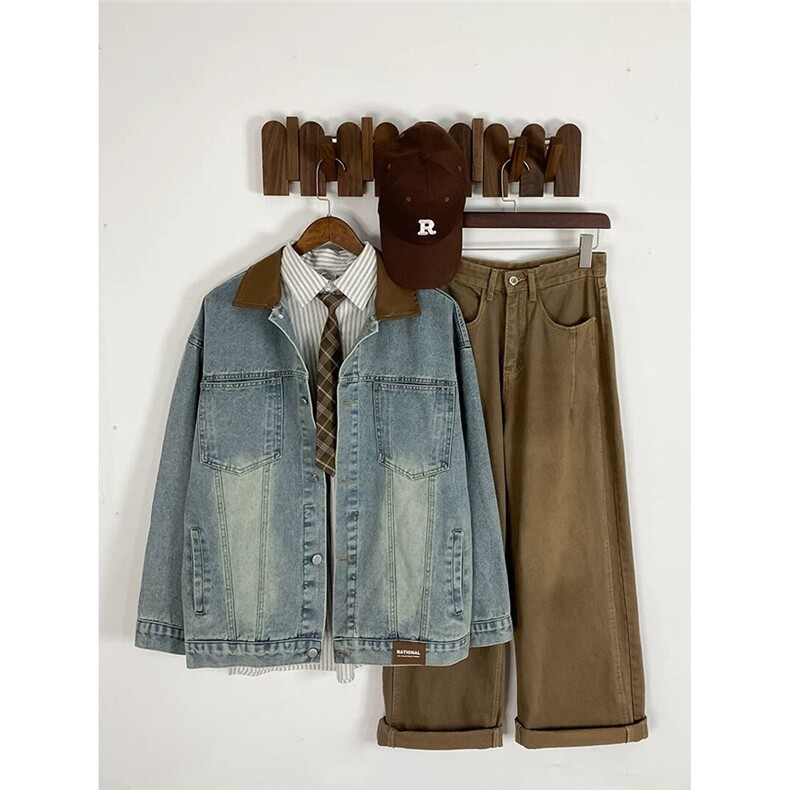 港风秋款男女牛仔夹克衫PU皮领宽松休闲渐变色外套JK149P78，男装工装外套，星座1013-1