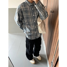 格子衬衫男长袖水洗树纹宽松休闲上衣美式复古衬衣潮CS691-P50，男装衬衫，星座1007（原301D）