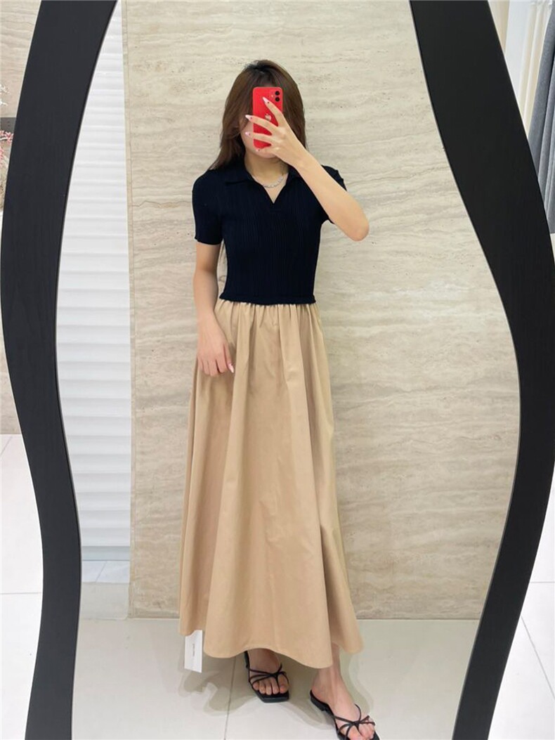 坑天POLO领拼接纯棉半身裙,女装连衣裙,优麦羊绒（原洪叶羊绒）