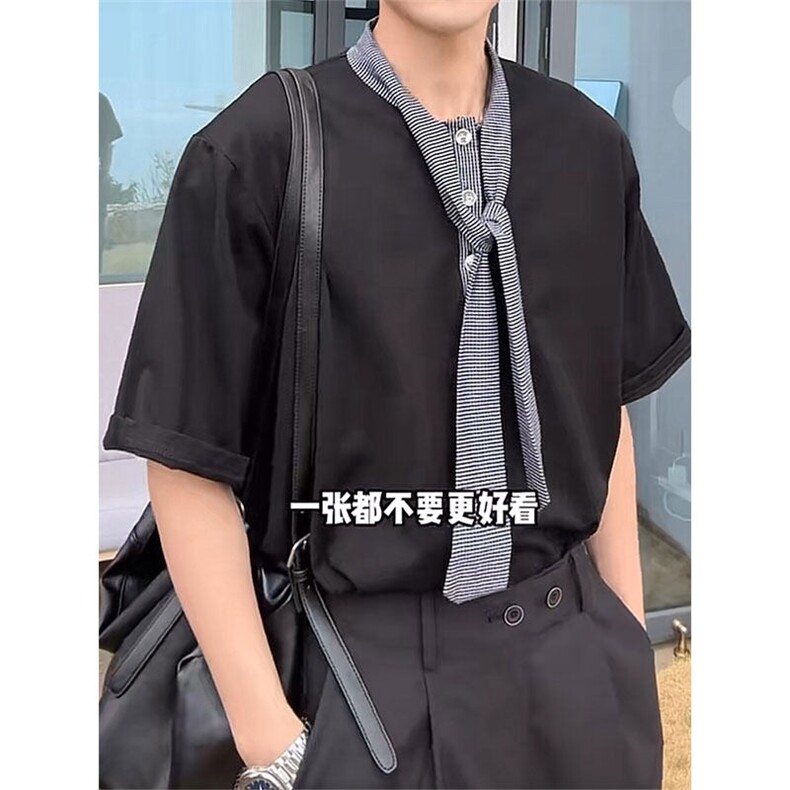 飘带丝巾领设计短袖T恤男夏季韩系chic穿搭半袖体恤T3683-特价P40,男装T恤,电商A007