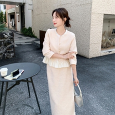 -2026年春季纯色拼接花边休闲时尚小香风两件套套装外套女，女装套装/套裙，1D102-1