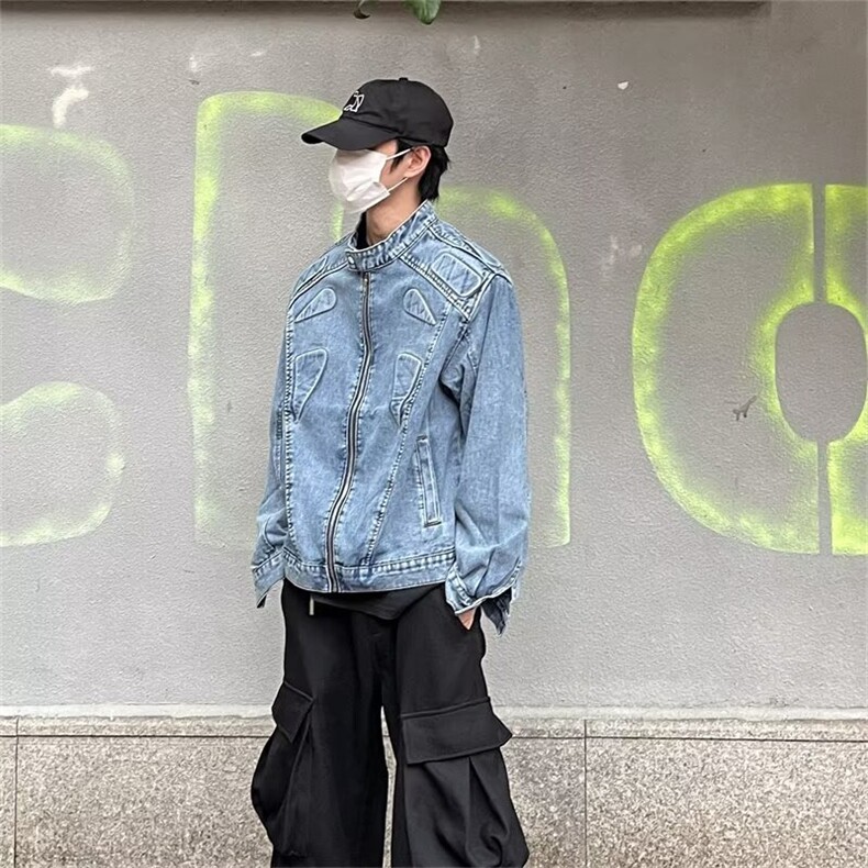立体浮雕立领拉链牛仔外套水洗蓝色垫肩休闲夹克上衣JK2112,男装工装外套,星座516A