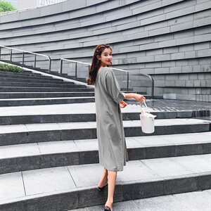 （可现）档口现货，跑量款棉麻开叉V领连衣裙8306-859图片