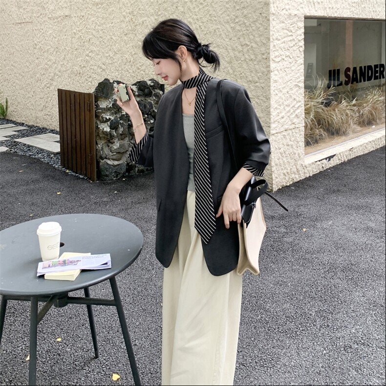210-3278-P155-K228高级松弛感休闲条纹飘带西装外套2025年秋季,女装西装,韩蜜菓