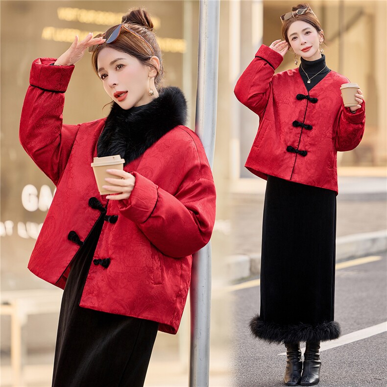 《现货》2025年冬季新中式高档真狐狸毛90羽绒服厚款保暖提花上衣,女装羽绒服,众宇琦