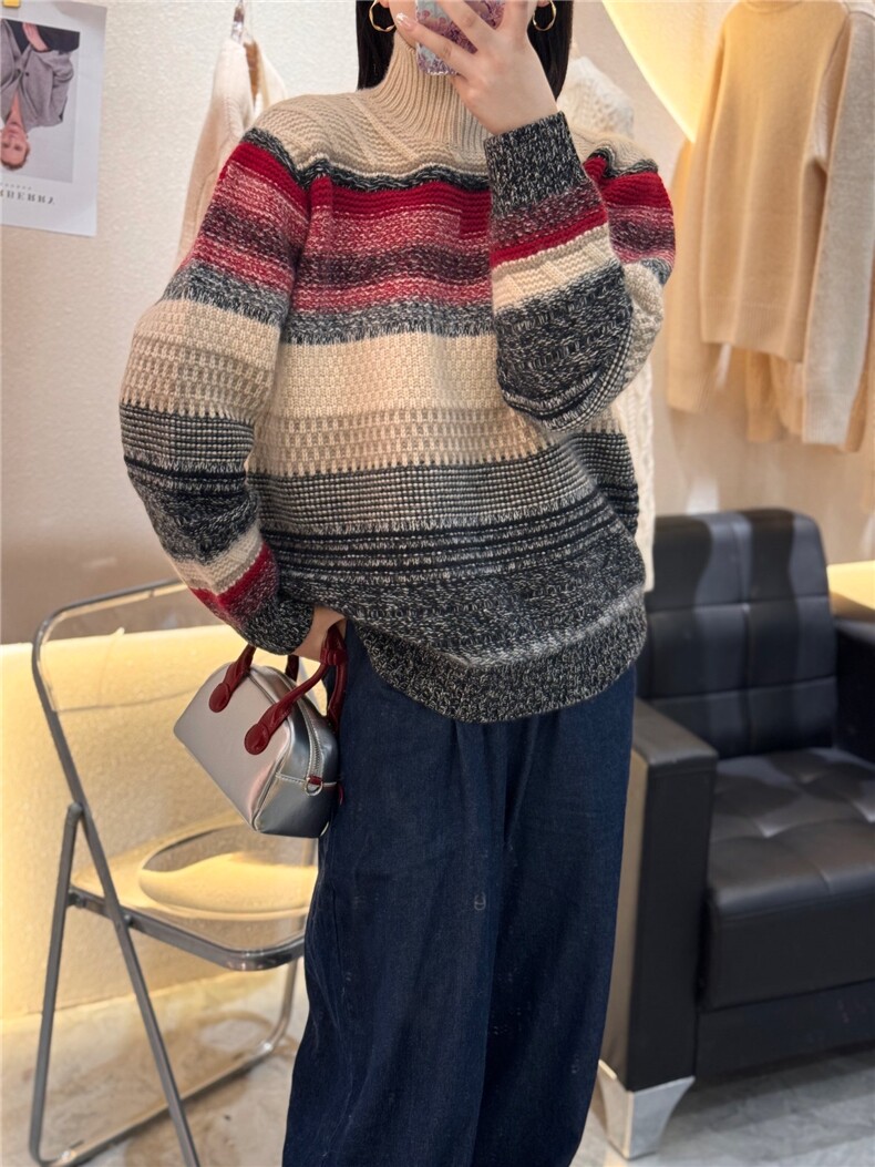 羊绒衫女羊绒圆领条纹内搭毛衣百搭针织打底上衣图片