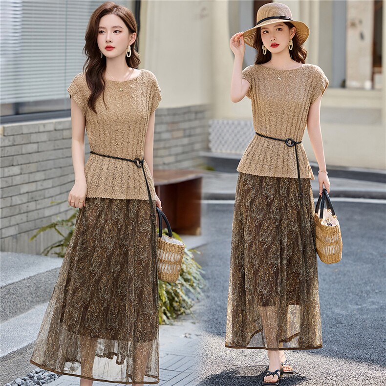 2026年夏季法式浪漫针织上衣碎花半身裙短袖两件套，女装套装/套裙，鑫鑫美