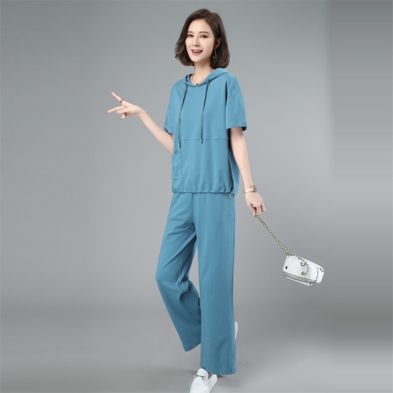 运动服休闲套装新款中年妈妈减龄棉短袖卫衣两件套,女装套装/套裙,天丽