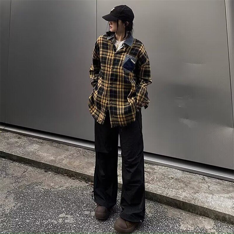 高级感外穿格子衬衫男女情侣复古宽松百搭早秋黄色格纹衬衣,男装衬衫,星座506A