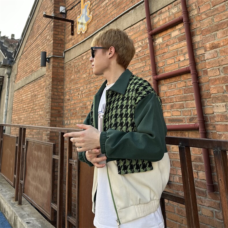 小香风千鸟格撞色拼接夹克外套男高级感韩版宽松JW52-P73,男装夹克,星座1109-3