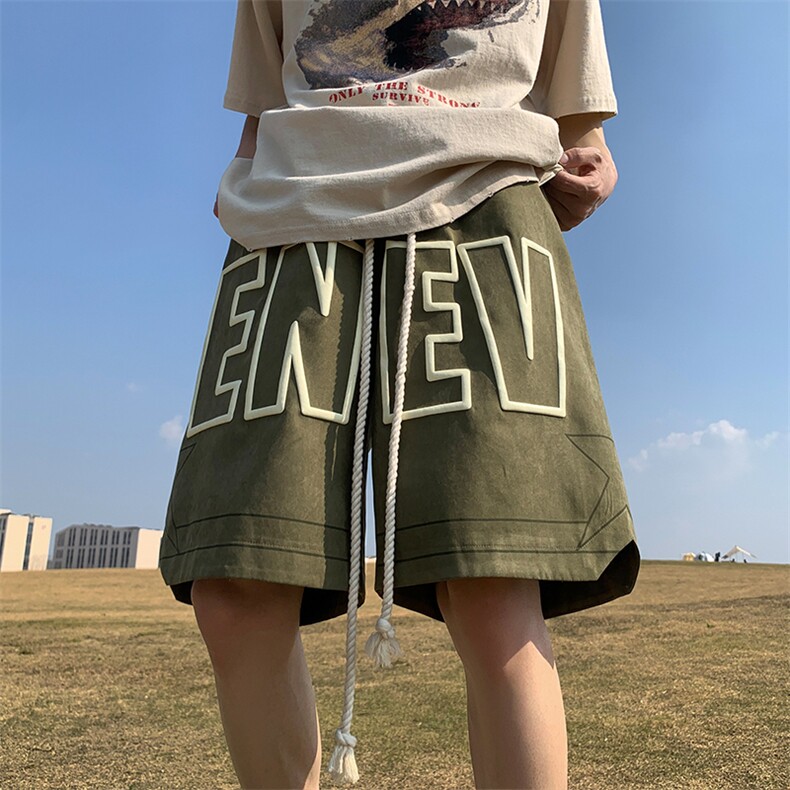 2023夏季新款外景大码美式泡沫印桃皮绒短裤M-5XHK23157-P40,男装休闲裤,电商A022