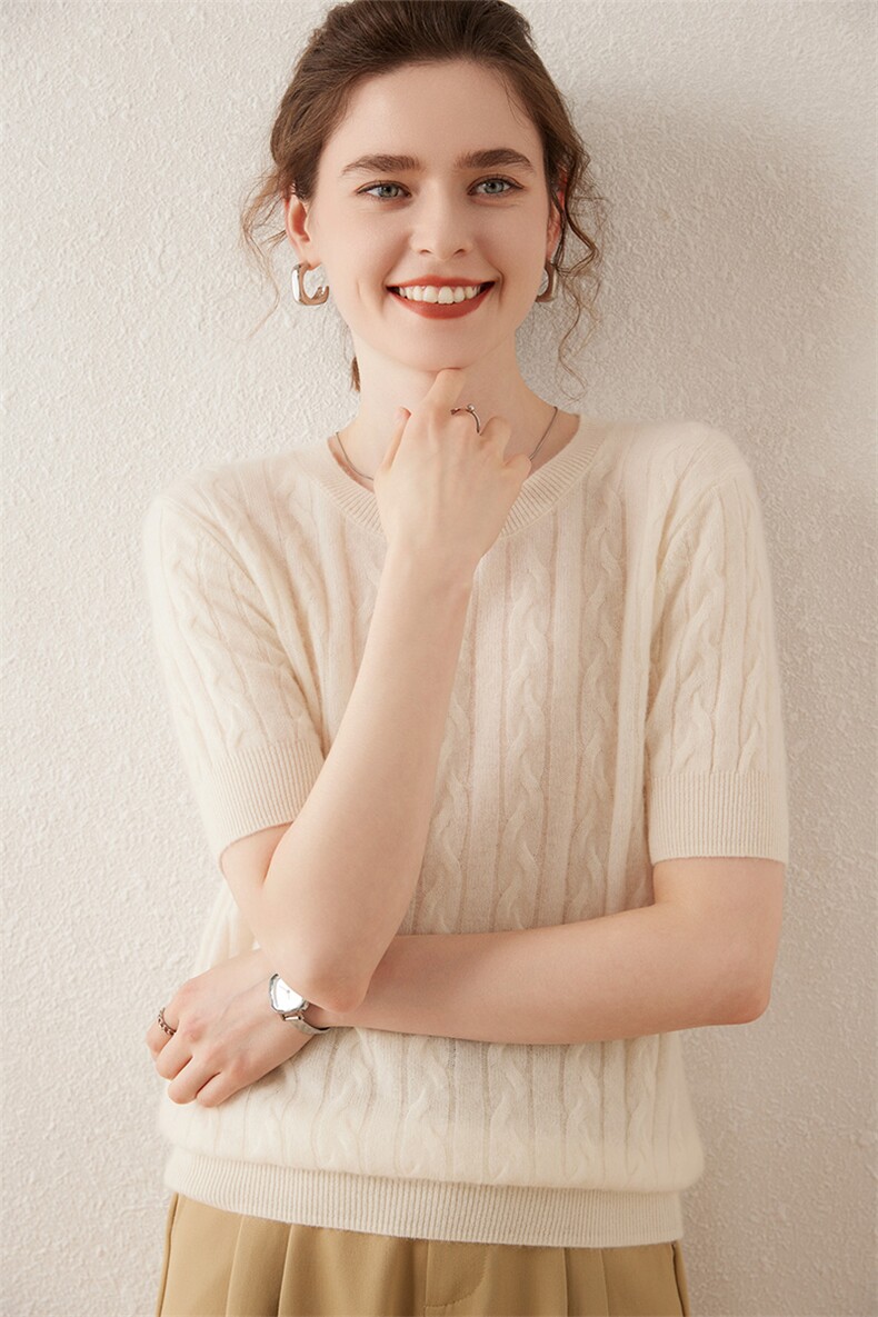 35%羊绒衫女圆领短袖2024年夏季舒适休闲百搭,女装羊绒衫,轩妮羊绒