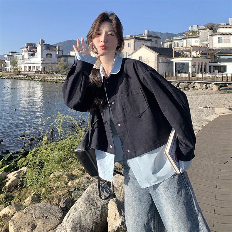 衬衫领拼工装风同色系撞色假两件套外套2C050-1235-P155-K238,女装短外套,2C050