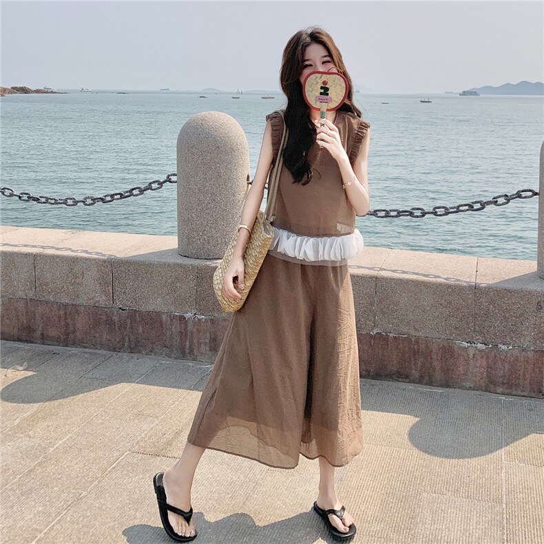 2025韩系甜美套装褶皱纯色无袖衬衫女夏季高腰休闲裤裙裤两件套,女装套装/套裙,维壹