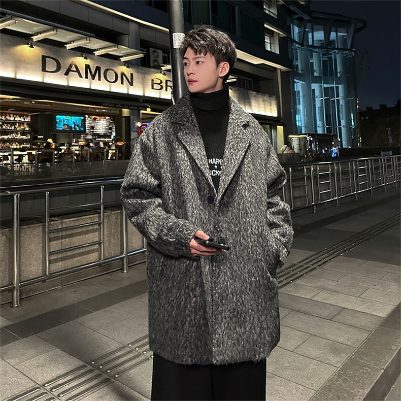 铁灰毛呢中长款风衣海马毛潮牌大衣外套882P110，男装风衣，电商A458A