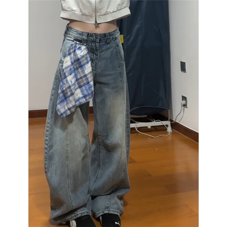 原创设计感美式复古格子拼接牛仔裤女2025秋街头宽松阔腿长裤,男装牛仔裤,星座1210-1