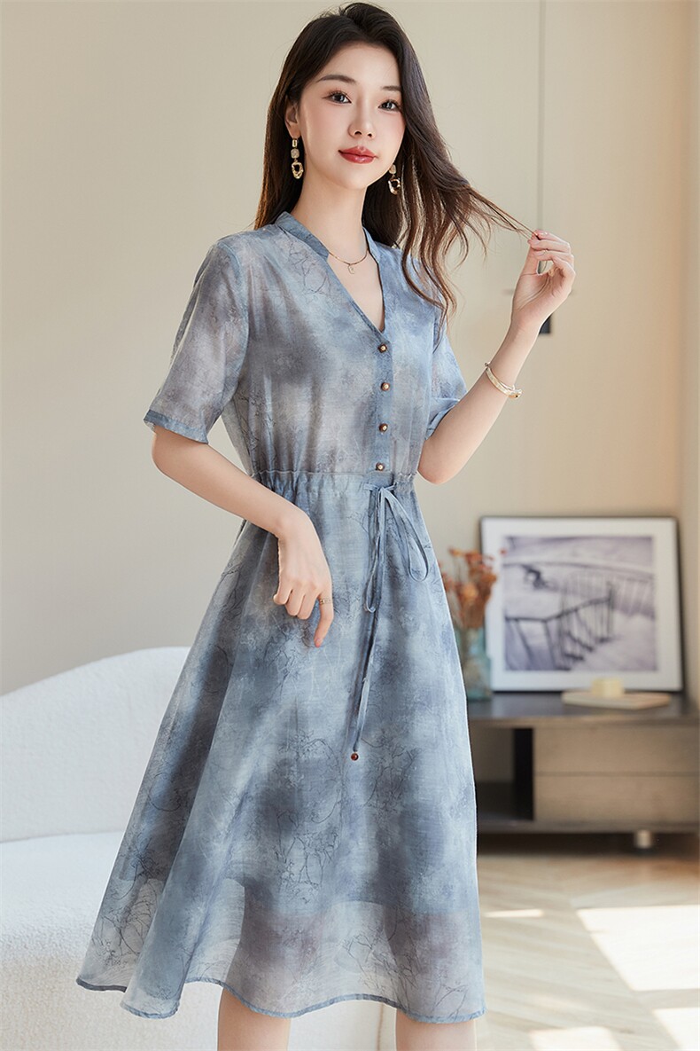 连衣裙女夏2024新款欧货宽松大码抽绳收腰显瘦a字中长款裙子,女装连衣裙,韩蔻秀